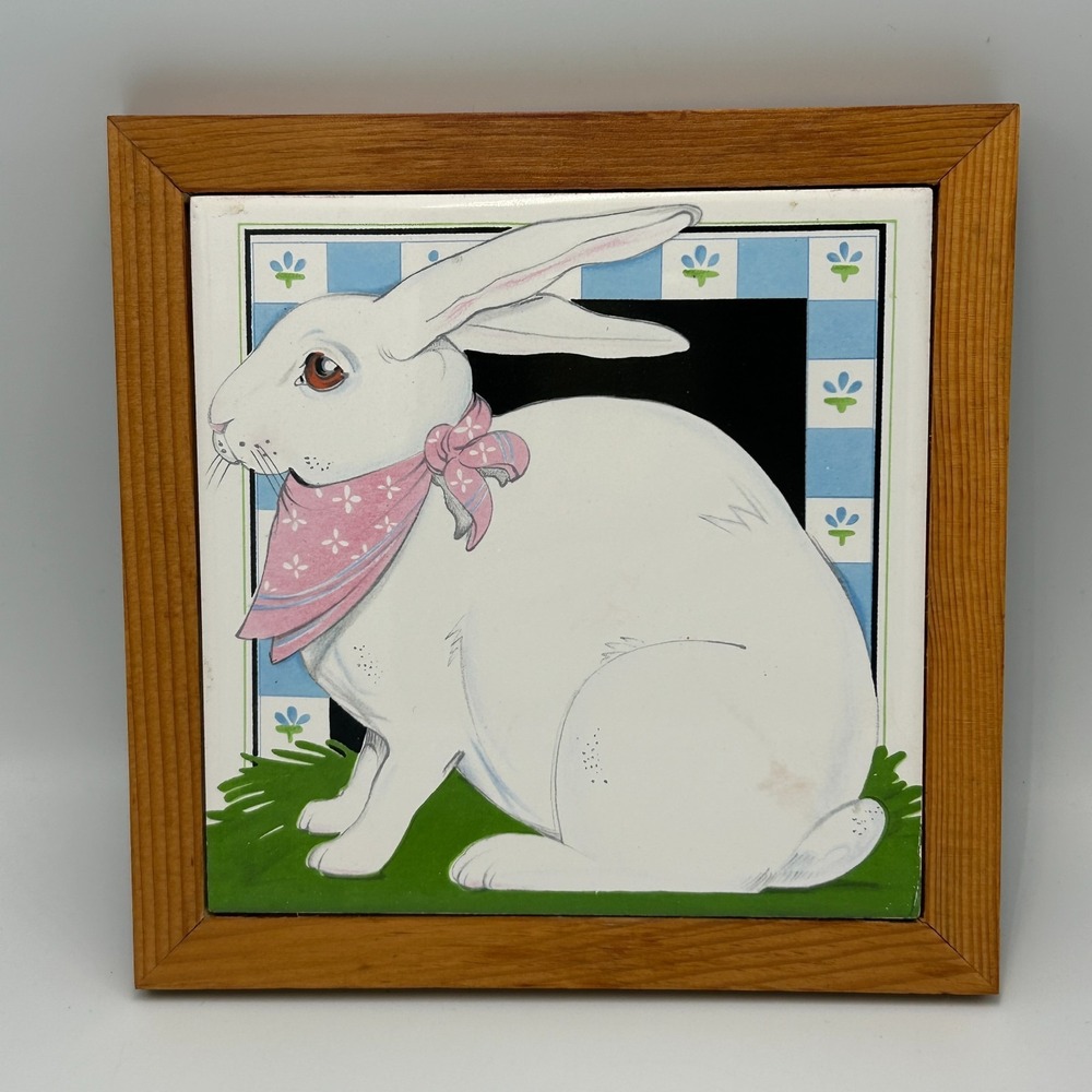 1981 Vandor Bunny Rabbit Framed Tile Cottage Country Trivet Wall Decor Pelzman
